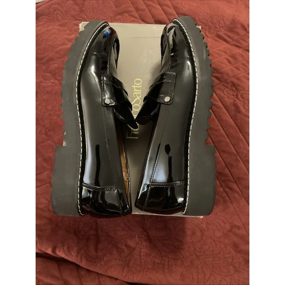 FRANCO SARTO Cassandra Women 7.5M Black Patent Faux Leather‎ Y2K Loafer Gorecore